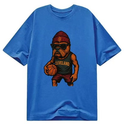 Cleveland Bulldog wearing Cavaliers wine and gold beanie with sword patch and - Classic T-shirt - Blue