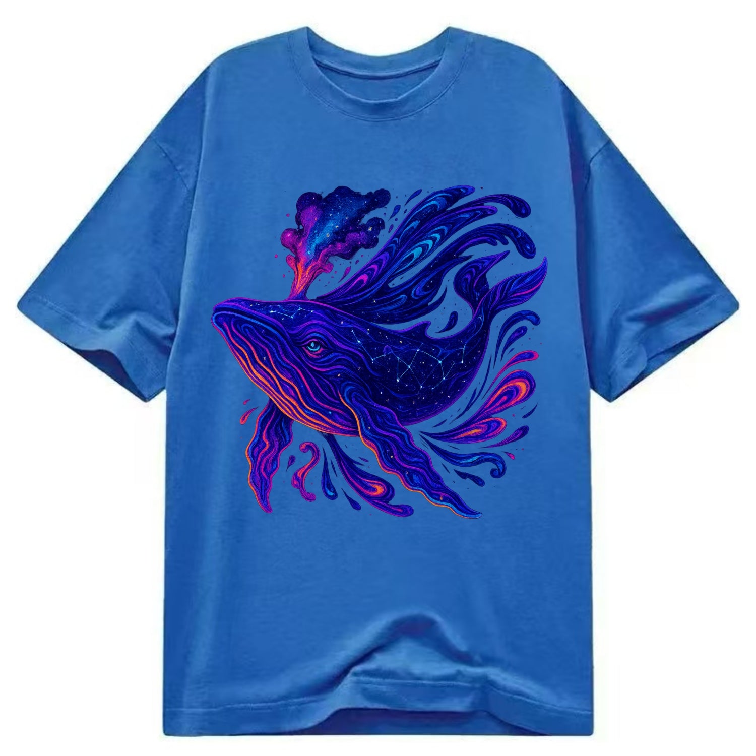 Majestic whale with body composed of galaxy clusters, stellar fins flowing like - Classic T-shirt - Blue