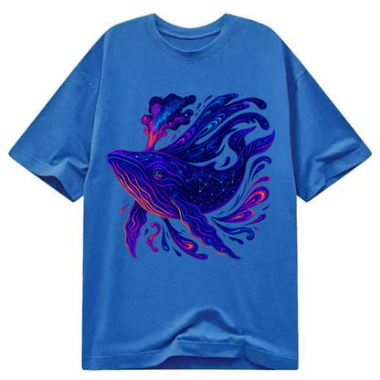 Majestic whale with body composed of galaxy clusters, stellar fins flowing like - Classic T-shirt - Blue