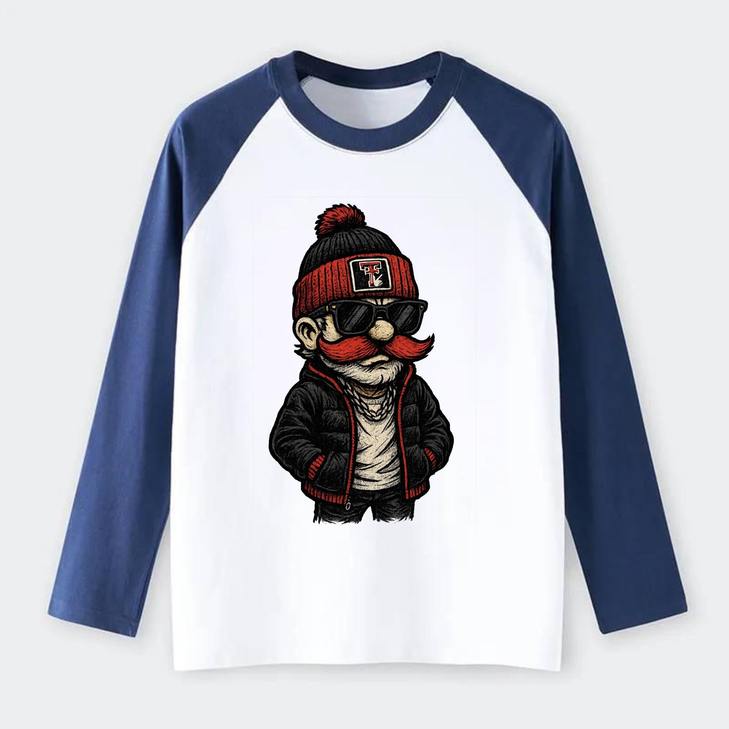 Lubbock Raider wearing Texas Tech beanie with guns up patch - Raglan Long Sleeve T-Shirt - Blue