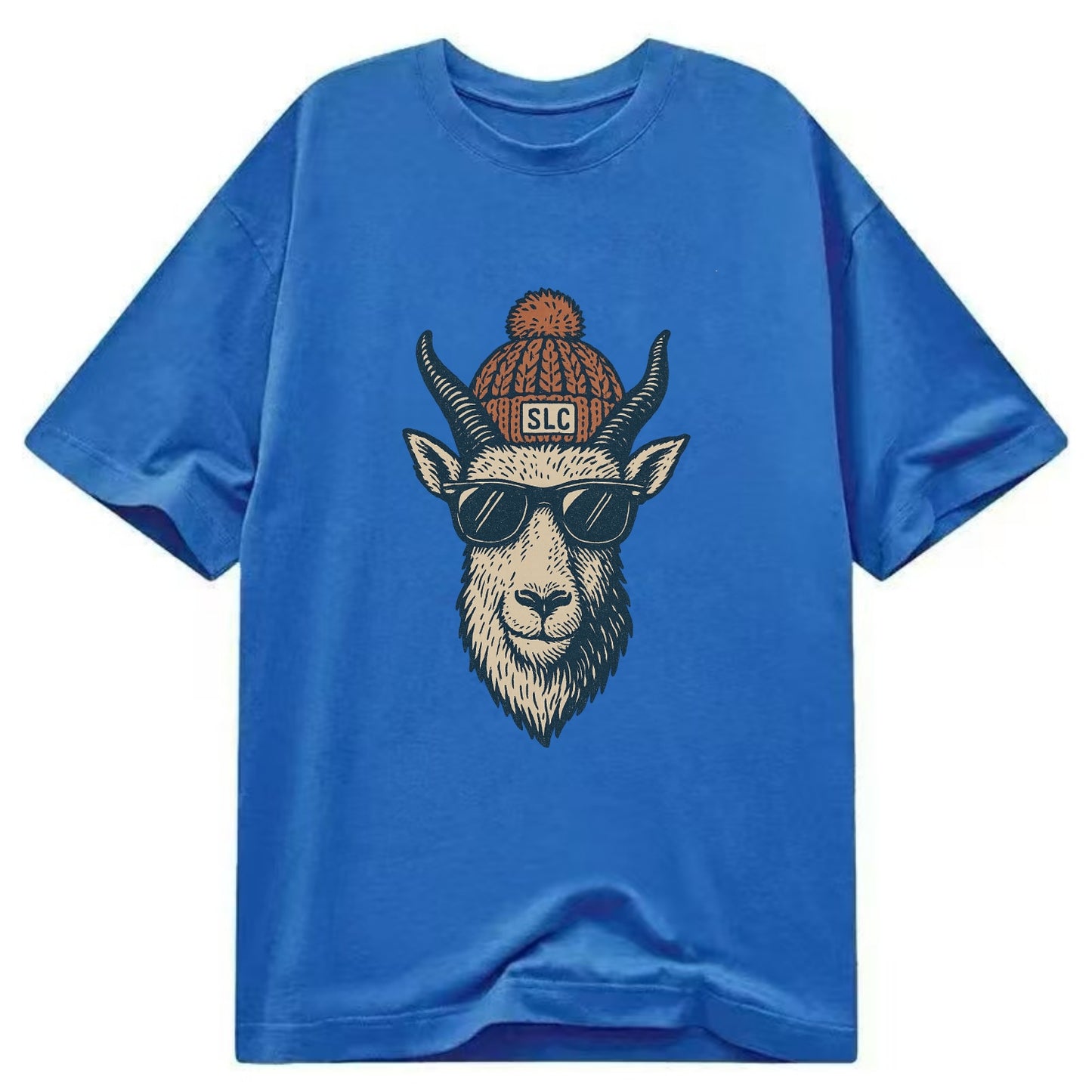 Salt Lake City Mountain Goat wearing SLC beanie with pom pom and wayfarer - Classic T-shirt - Blue