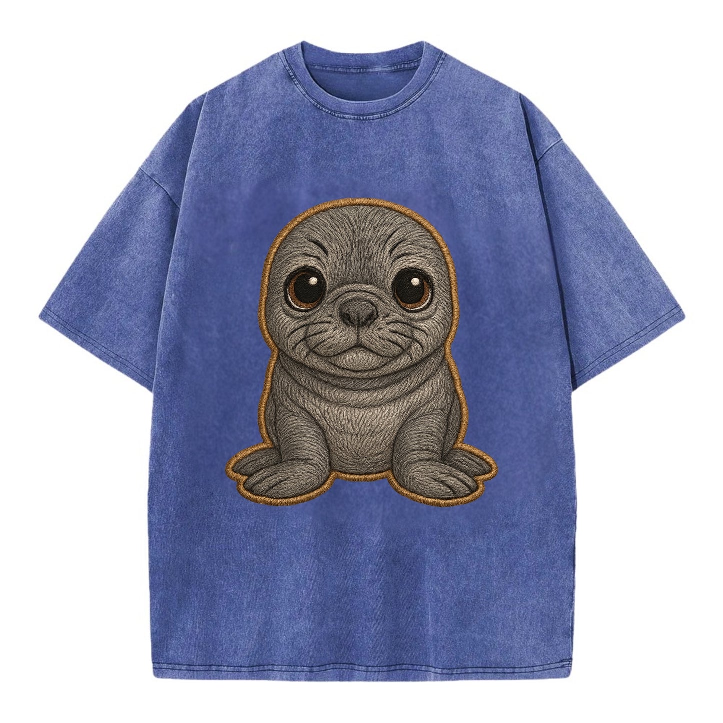 Baby Elephant Seal - gray wrinkly, tiny trunk nose, big dark eyes, front-facing, - Vintage T-shirt - Blue