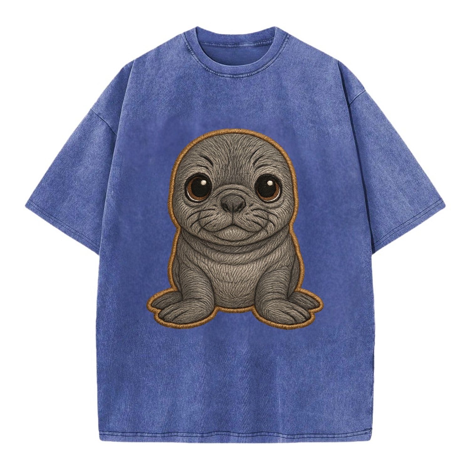Baby Elephant Seal - gray wrinkly, tiny trunk nose, big dark eyes, front-facing, - Vintage T-shirt - Blue