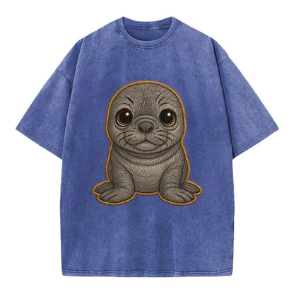 Baby Elephant Seal - gray wrinkly, tiny trunk nose, big dark eyes, front-facing, - Vintage T-shirt - Blue