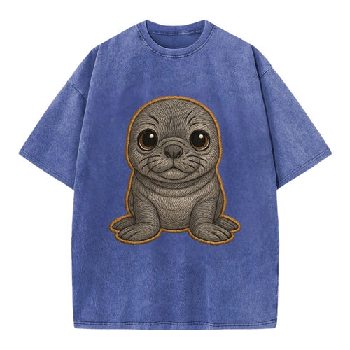 Baby Elephant Seal - gray wrinkly, tiny trunk nose, big dark eyes, front-facing, - Vintage T-shirt
