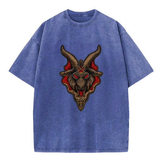 BAPHOMET HEAD - goat head symbol in black and red , occult - Vintage T-shirt - Blue