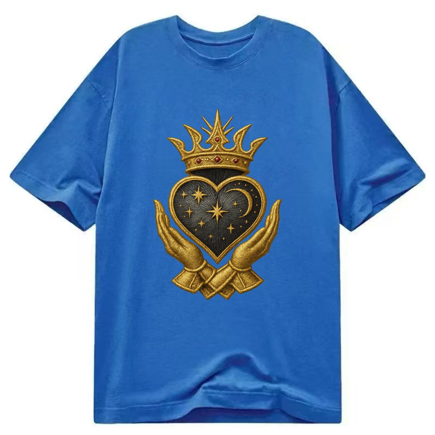 Hammered bronze warrior crown anchoring a dark steel heart with shield-bearing - Classic T-shirt - Blue