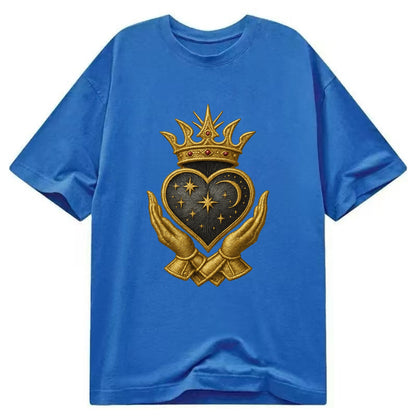 Hammered bronze warrior crown anchoring a dark steel heart with shield-bearing - Classic T-shirt - Blue