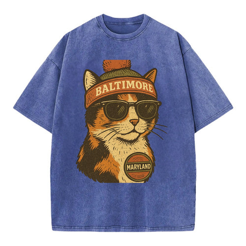 Maryland Calico Cat wearing Baltimore beanie with pom pom and wayfarer sunglasses - Vintage T-shirt