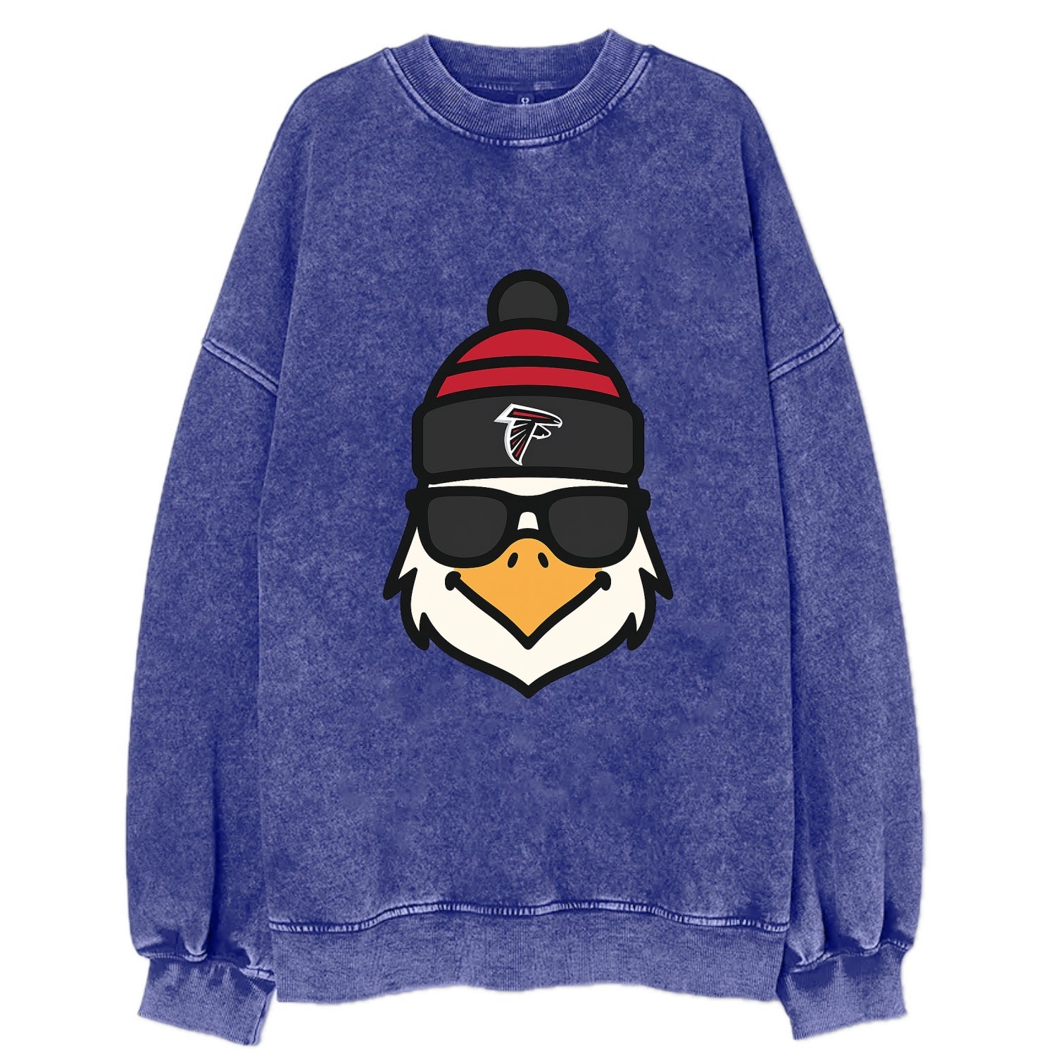 Atlanta Falcon wearing Falcons red and black beanie with pom pom and wayfarer - Vintage Sweatshirt - Blue