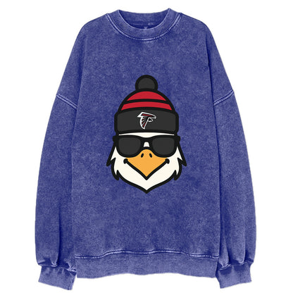 Atlanta Falcon wearing Falcons red and black beanie with pom pom and wayfarer - Vintage Sweatshirt - Blue