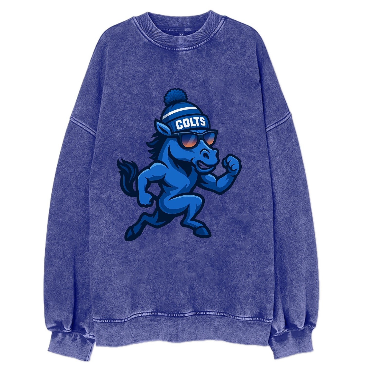 Indianapolis Colt Horse wearing Colts blue and white beanie with pom pom and - Vintage Sweatshirt - Blue