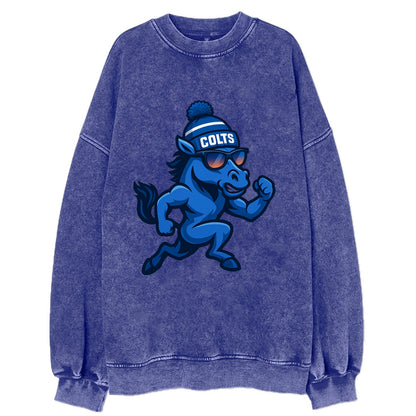Indianapolis Colt Horse wearing Colts blue and white beanie with pom pom and - Vintage Sweatshirt - Blue