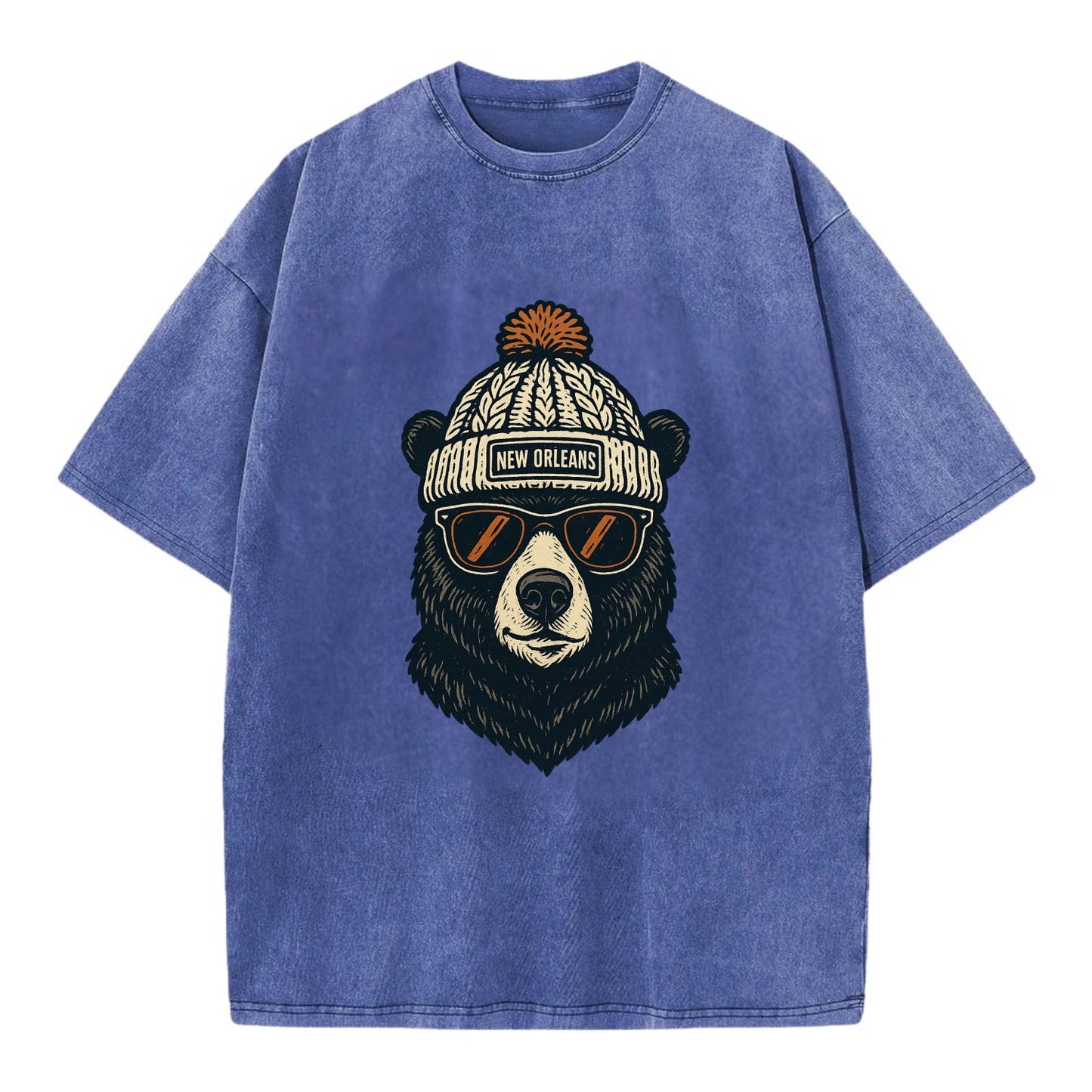 Louisiana Black Bear wearing New Orleans beanie with pom pom and wayfarer - Vintage T-shirt - Blue