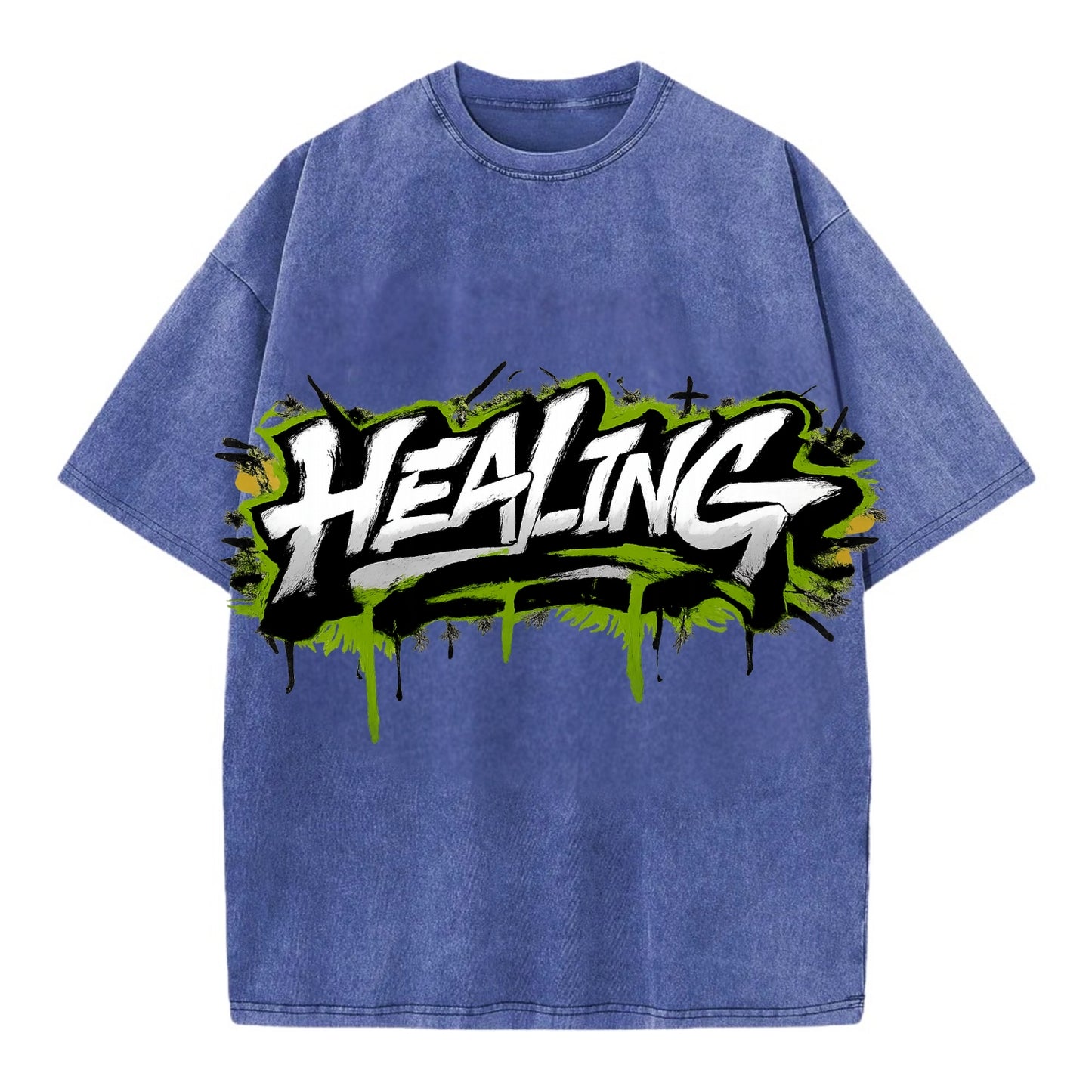 Bold typography design - "HEALING" - in recovery, getting better - Vintage T-shirt - Blue