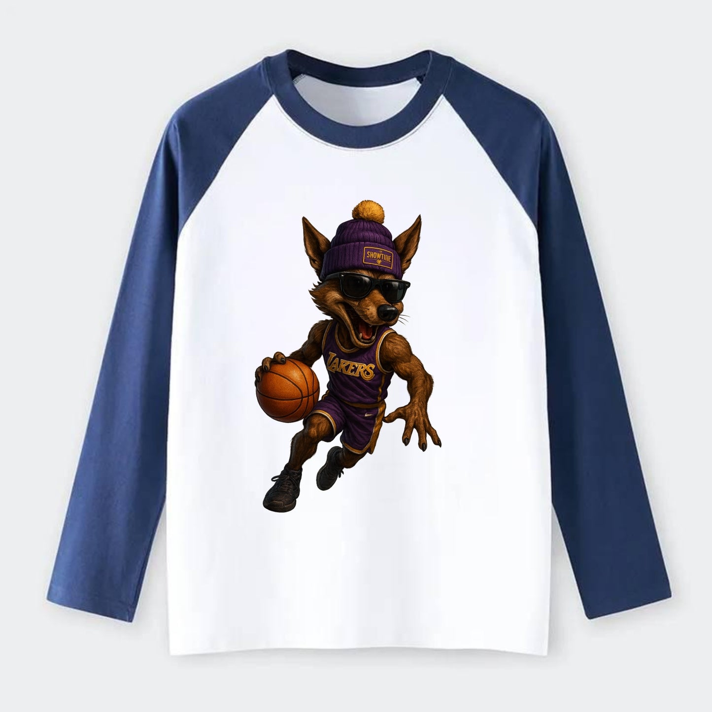 Hollywood Coyote wearing Lakers beanie with Showtime patch and - Raglan Long Sleeve T-Shirt - Blue