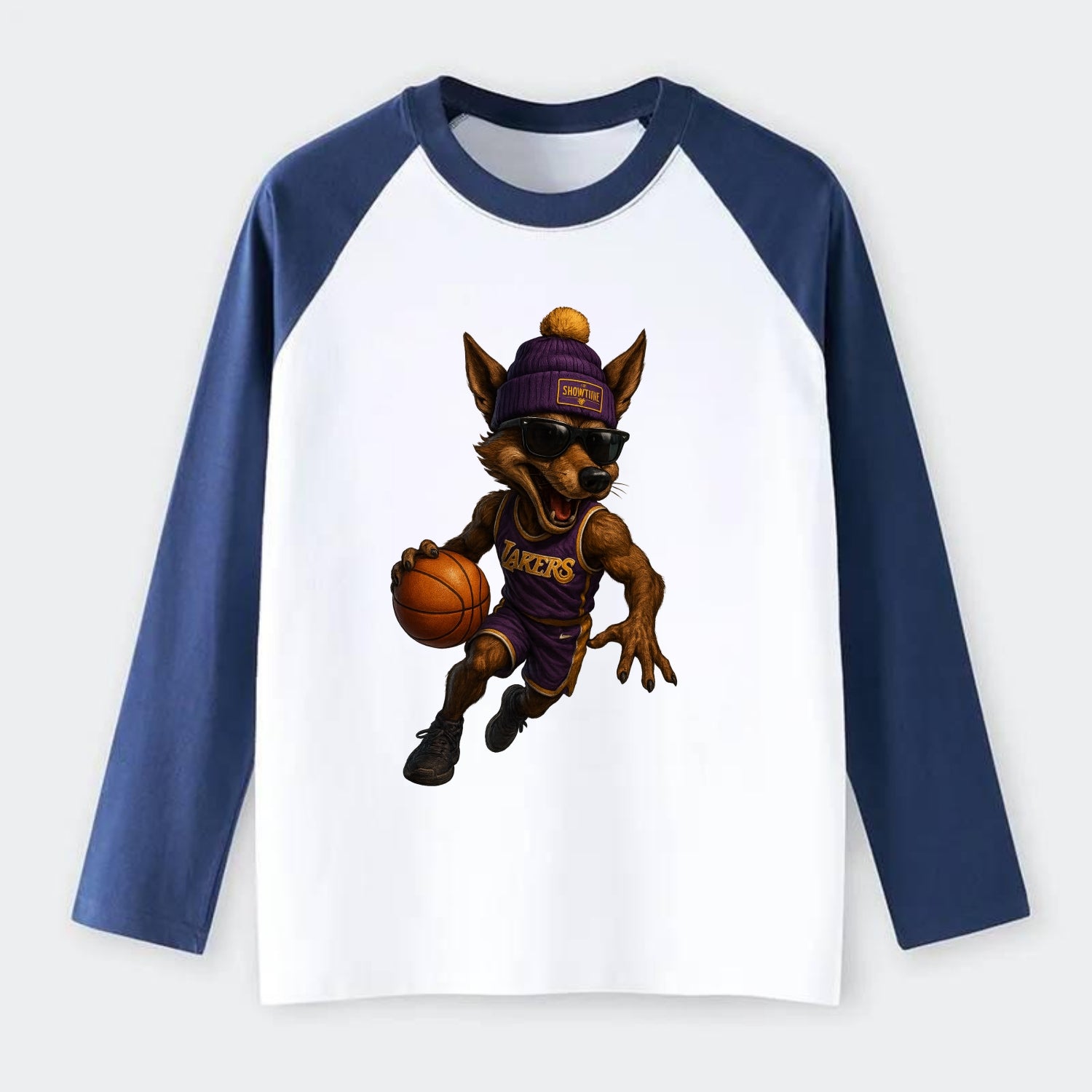 Hollywood Coyote wearing Lakers beanie with Showtime patch and - Raglan Long Sleeve T-Shirt - Blue