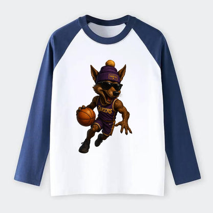 Hollywood Coyote wearing Lakers beanie with Showtime patch and - Raglan Long Sleeve T-Shirt - Blue