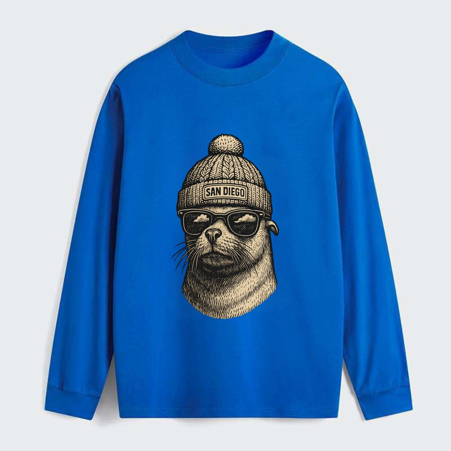 San Diego Sea Lion wearing San Diego beanie with pom pom and wayfarer - Classic Long Sleeve Shirt - Blue