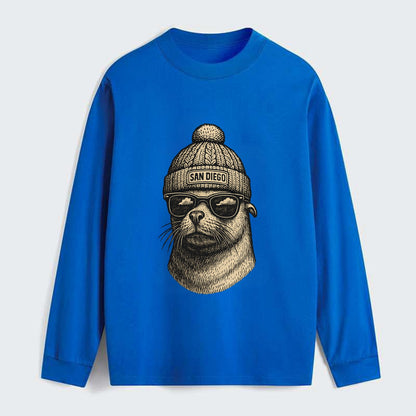 San Diego Sea Lion wearing San Diego beanie with pom pom and wayfarer - Classic Long Sleeve Shirt - Blue