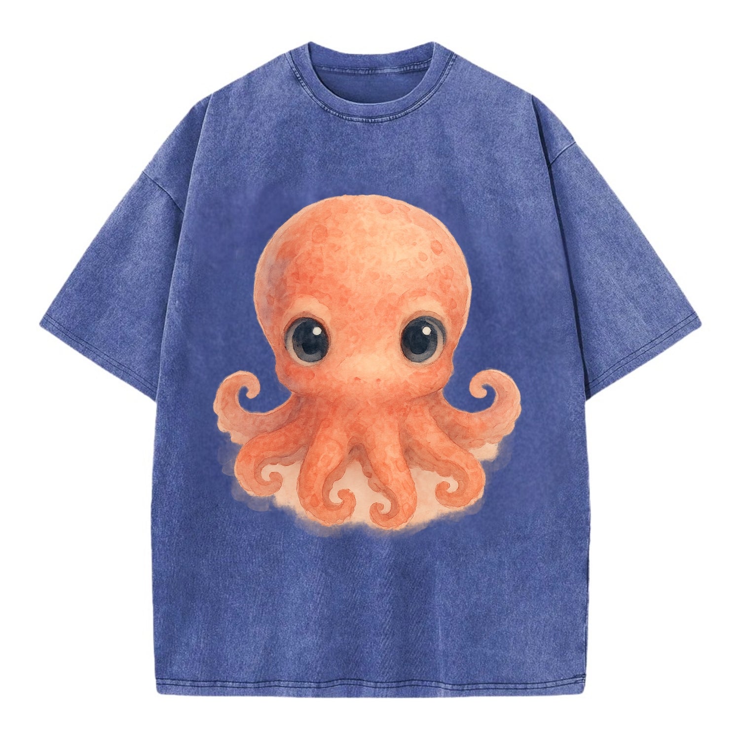 Baby Octopus - red-orange, eight tiny tentacles curled, large intelligent eyes, - Vintage T-shirt - Blue