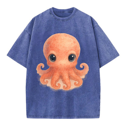 Baby Octopus - red-orange, eight tiny tentacles curled, large intelligent eyes, - Vintage T-shirt - Blue