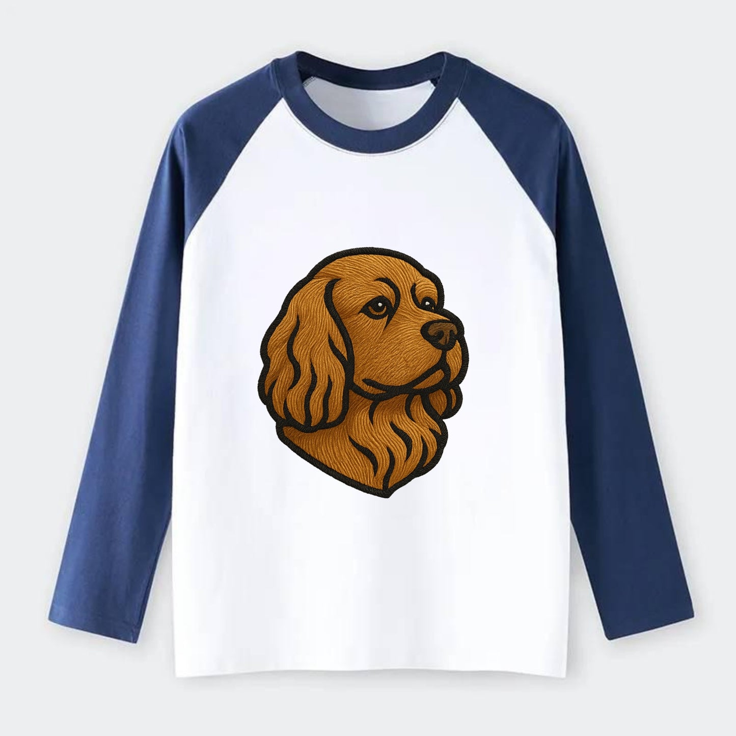 Sussex Spaniel - Golden liver embroidered low-set design - Raglan Long Sleeve T-Shirt - Blue