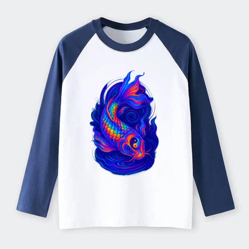 Sacred koi with scales reflecting rainbow prisms, yin-yang patterns in - Raglan Long Sleeve T-Shirt