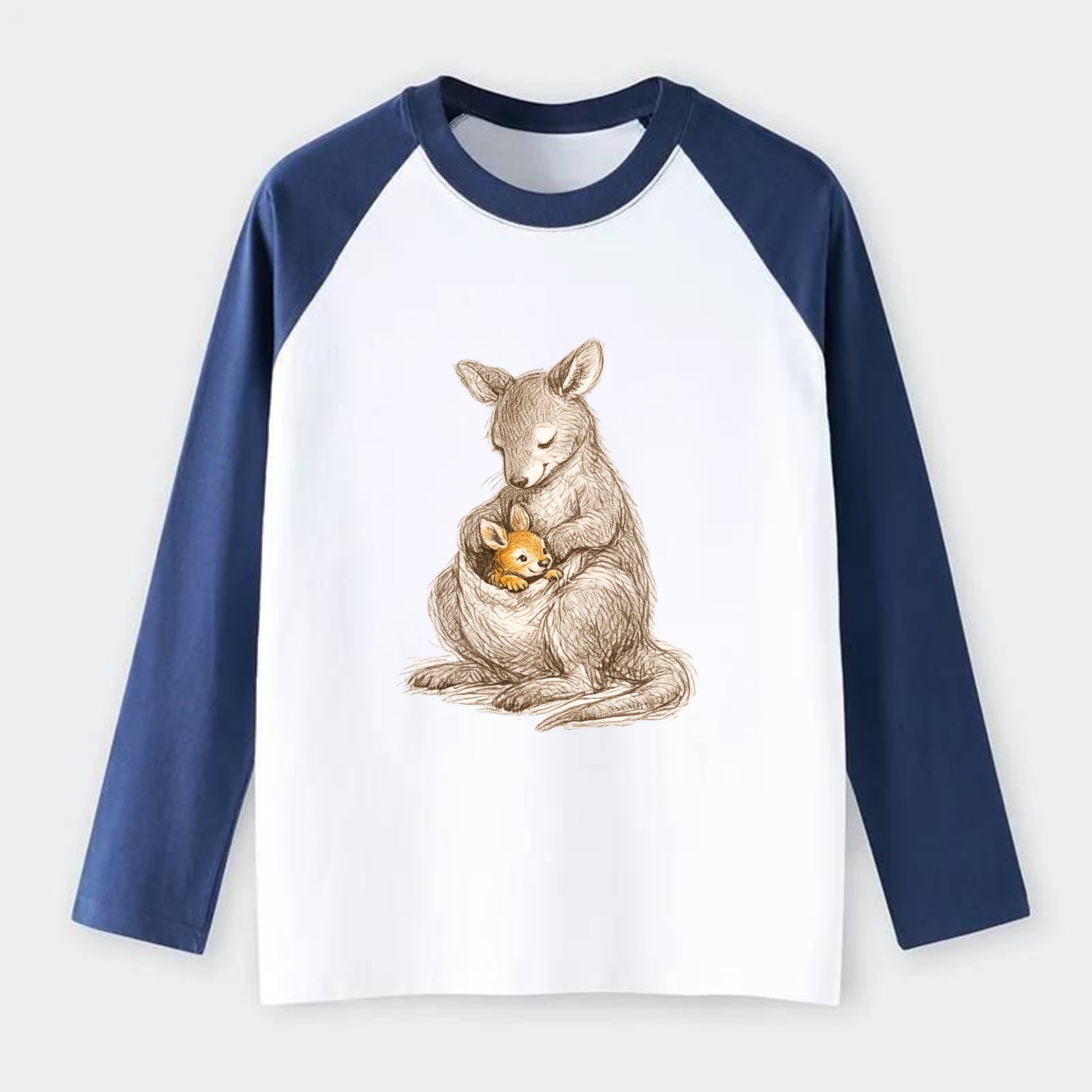 MOTHER'S POUCH | Kangaroo maternal embrace | Joey safe inside | - Raglan Long Sleeve T-Shirt - Blue