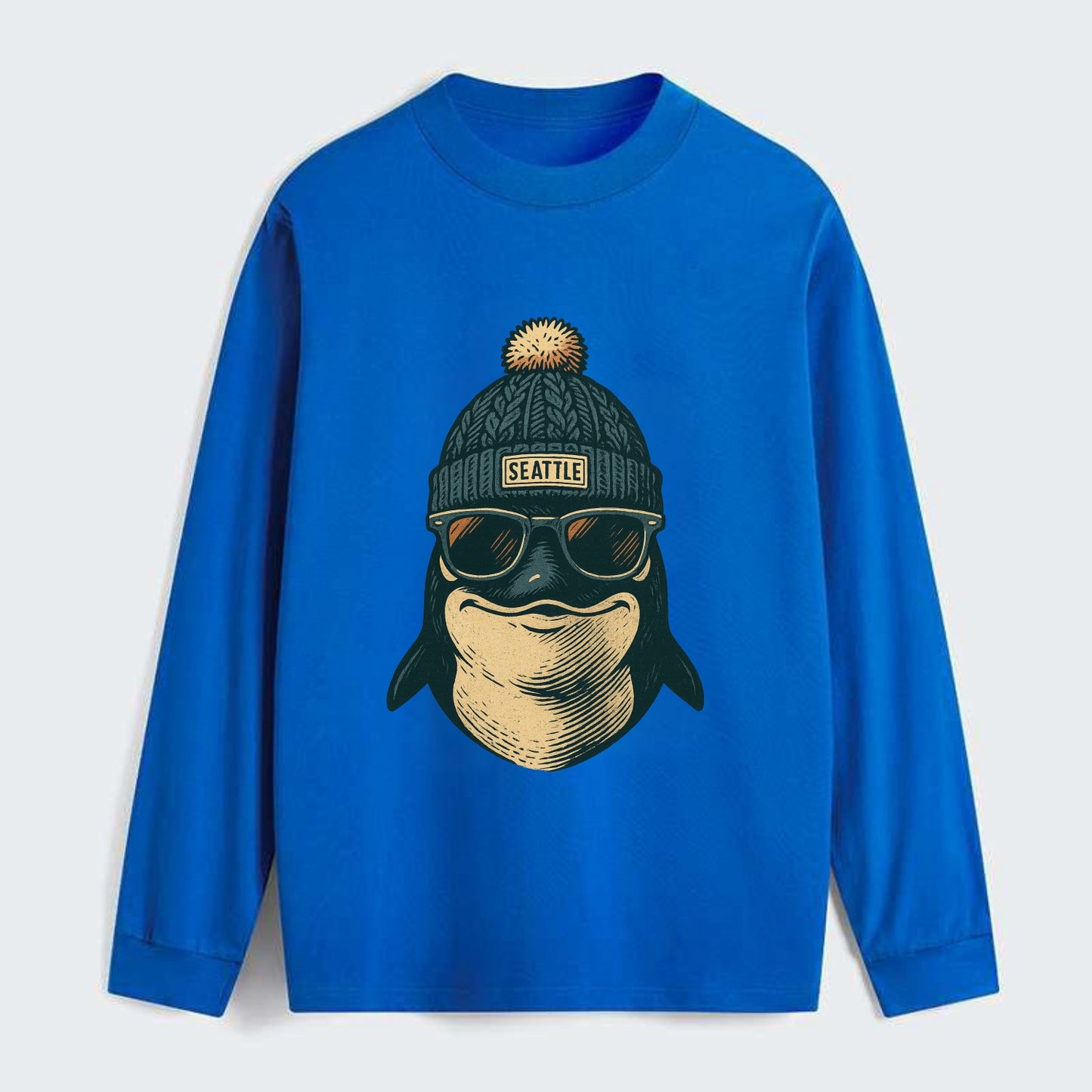Washington Orca wearing Seattle beanie with pom pom and wayfarer - Classic Long Sleeve Shirt - Blue