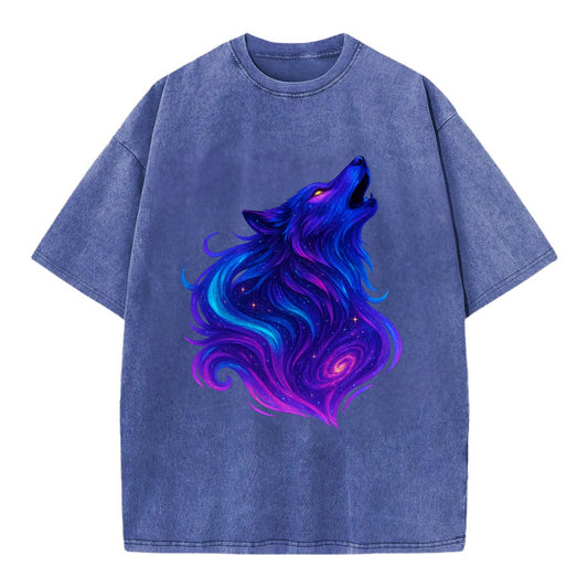 Noble wolf with flowing fur that transforms into aurora borealis streams, cyan - Vintage T-shirt - Blue