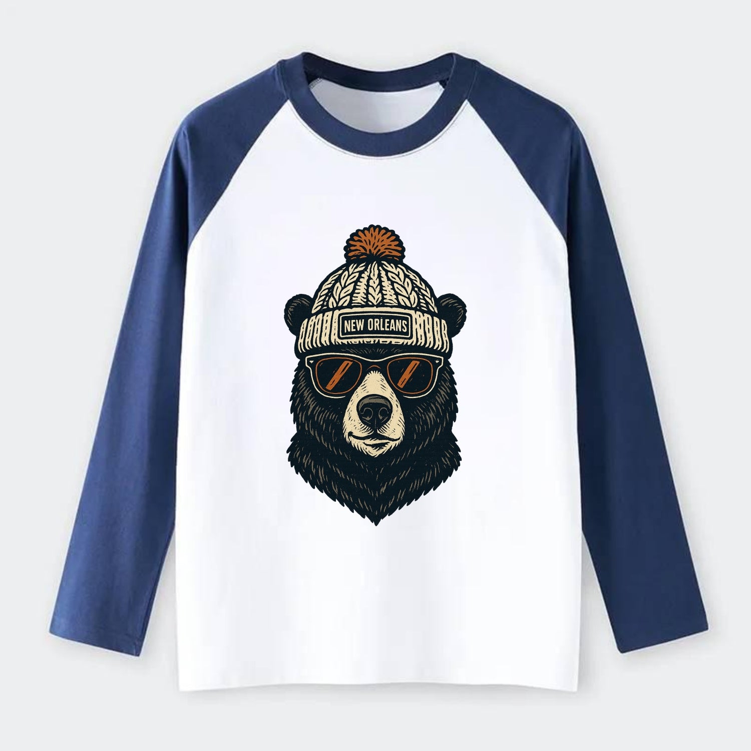 Louisiana Black Bear wearing New Orleans beanie with pom pom and - Raglan Long Sleeve T-Shirt - Blue