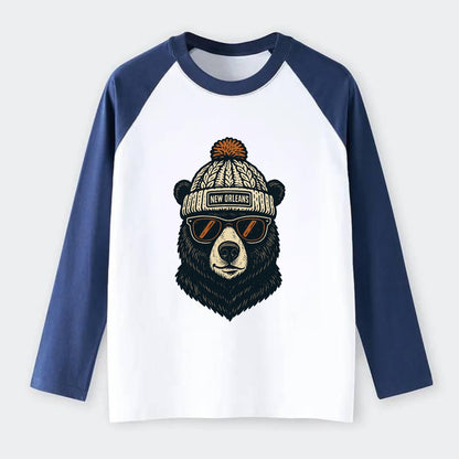 Louisiana Black Bear wearing New Orleans beanie with pom pom and - Raglan Long Sleeve T-Shirt - Blue
