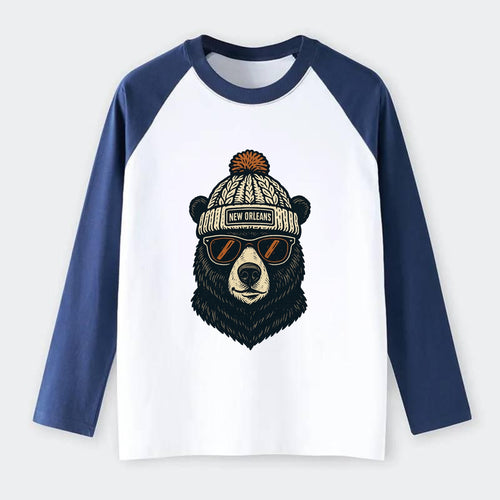 Louisiana Black Bear wearing New Orleans beanie with pom pom and - Raglan Long Sleeve T-Shirt