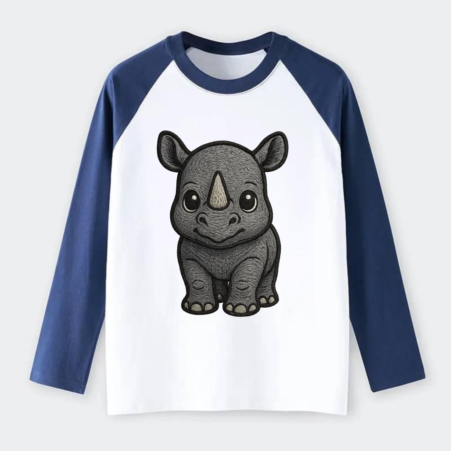 Baby Rhino - gray armor skin, tiny horn nub, round eyes, front-facing, - Raglan Long Sleeve T-Shirt - Blue