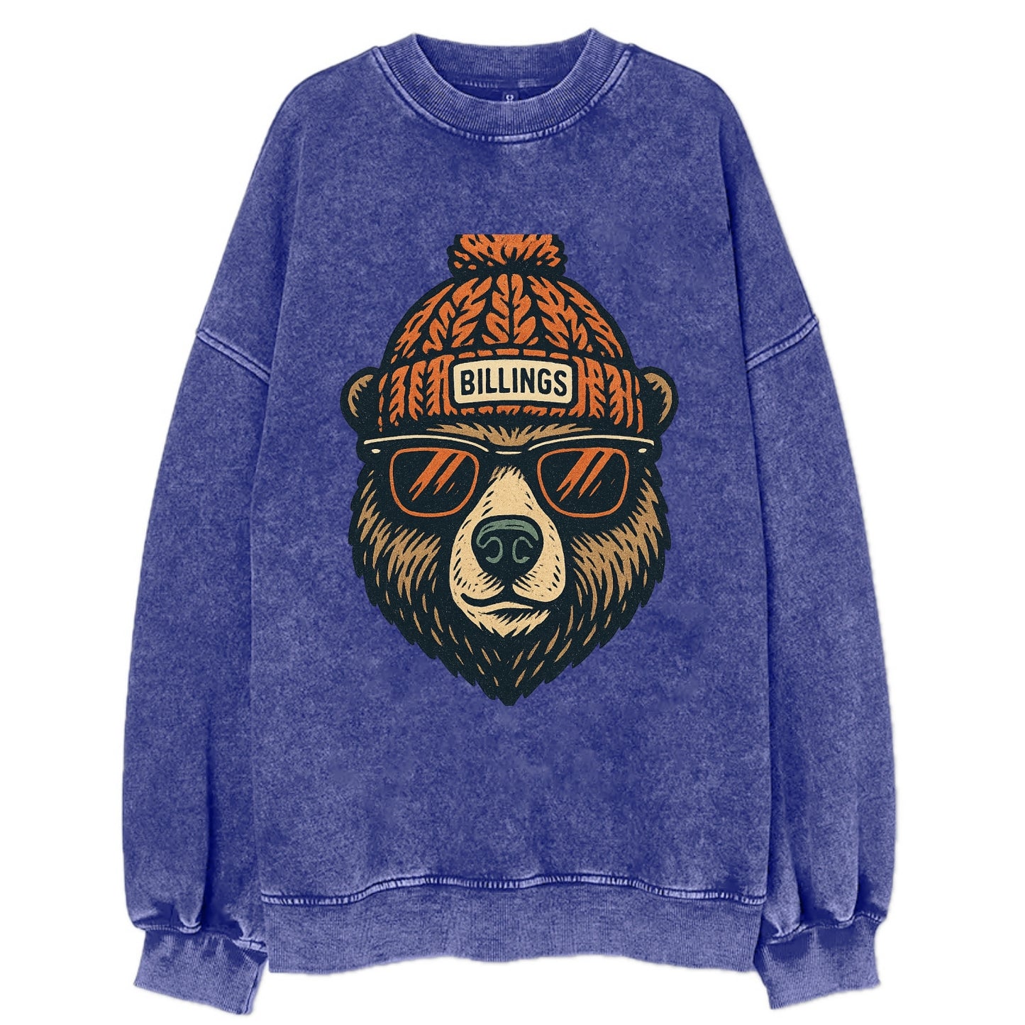 Montana Grizzly Bear wearing Billings beanie with pom pom and wayfarer - Vintage Sweatshirt - Blue