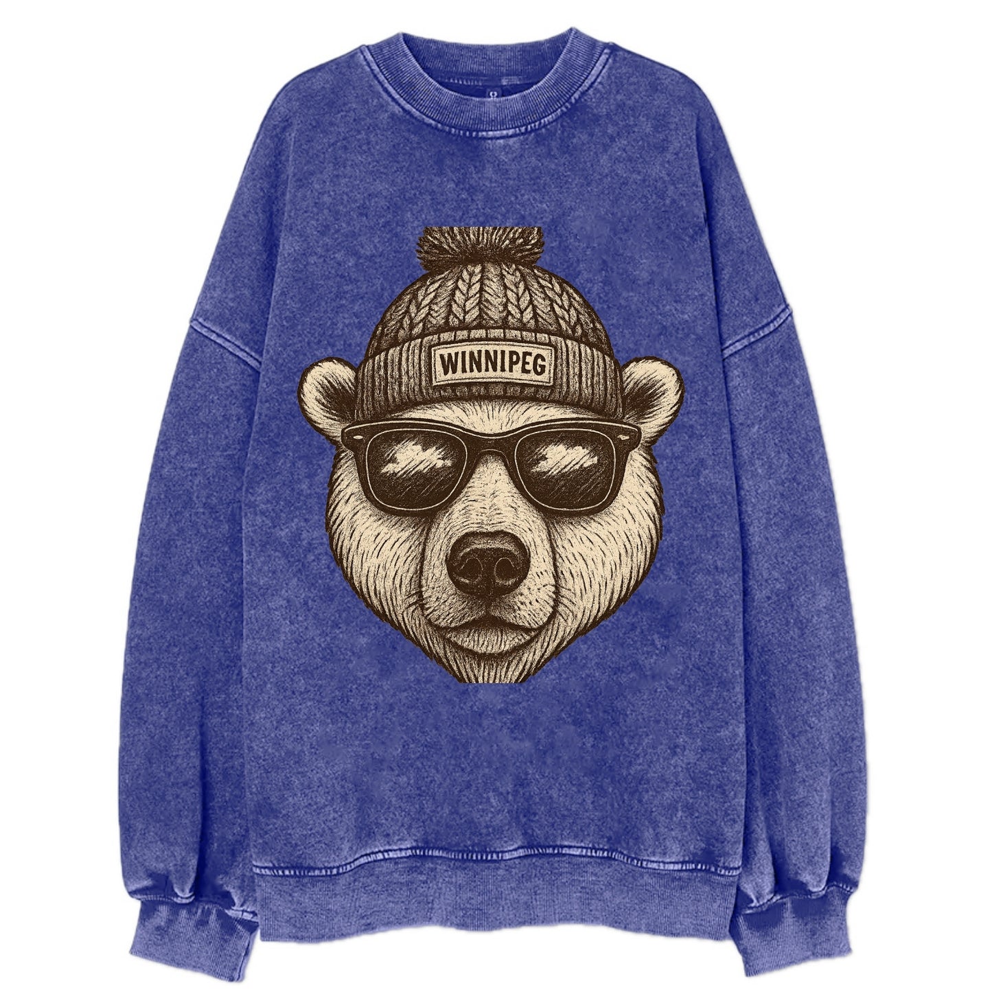 Winnipeg Polar Bear wearing Winnipeg beanie with pom pom and wayfarer - Vintage Sweatshirt - Blue