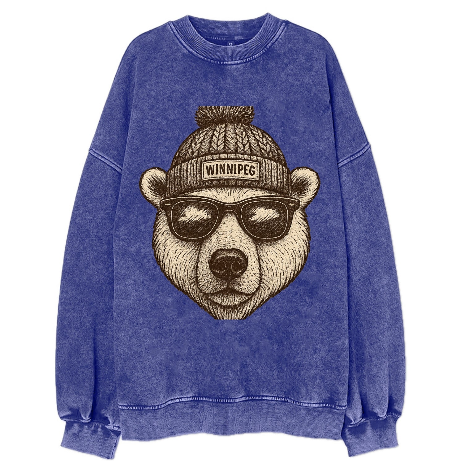Winnipeg Polar Bear wearing Winnipeg beanie with pom pom and wayfarer - Vintage Sweatshirt - Blue