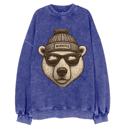 Winnipeg Polar Bear wearing Winnipeg beanie with pom pom and wayfarer - Vintage Sweatshirt - Blue