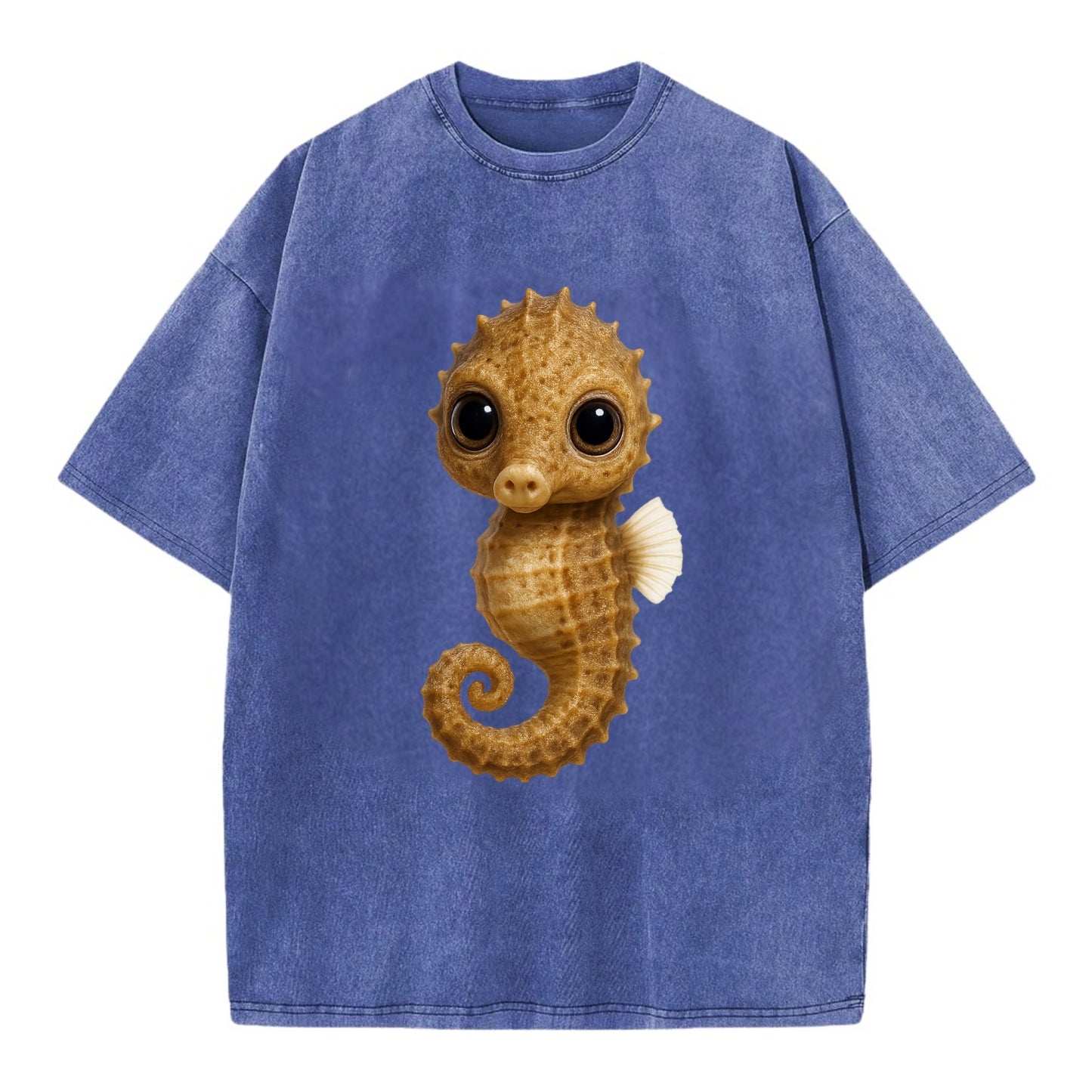 Baby Seahorse - curled tail, snout, large eyes, front-facing, delicate and cute - Vintage T-shirt - Blue