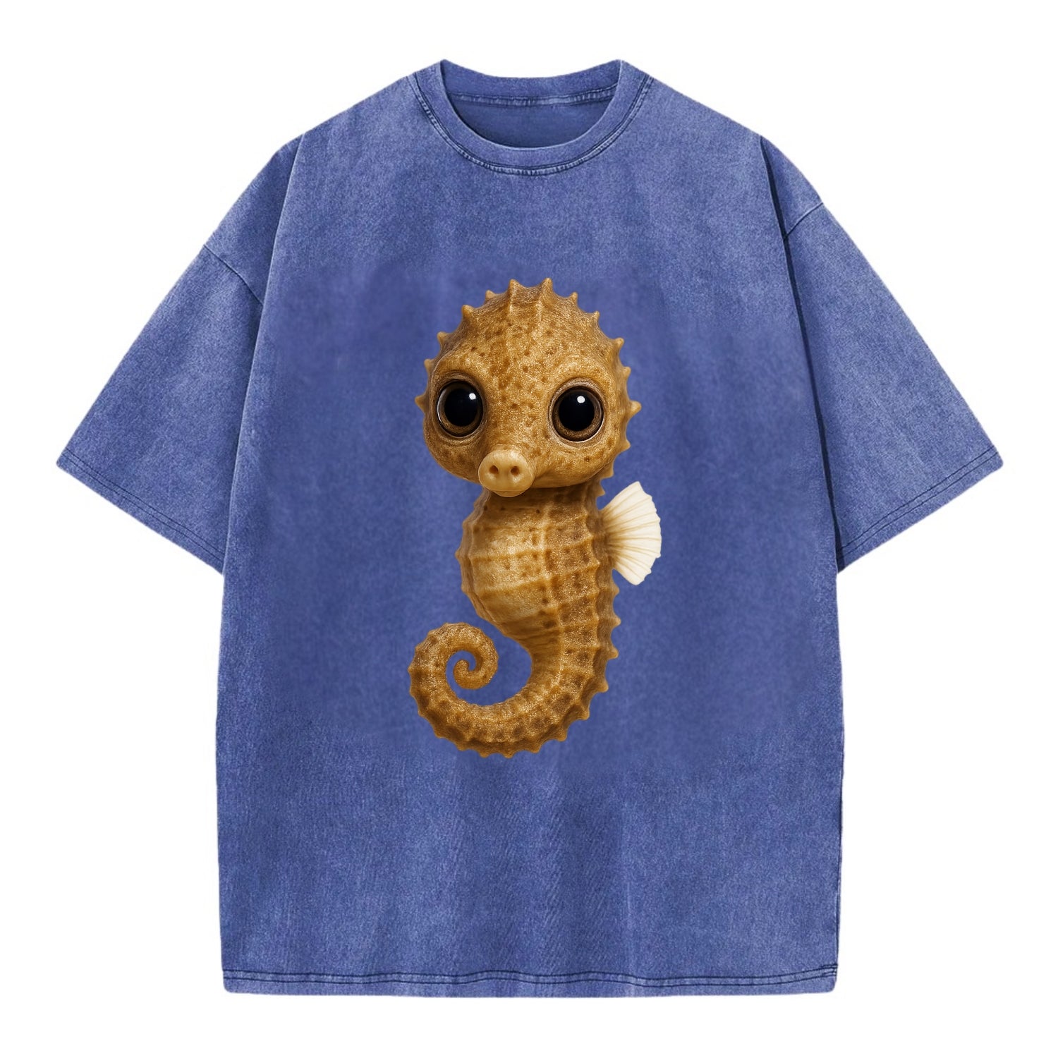 Baby Seahorse - curled tail, snout, large eyes, front-facing, delicate and cute - Vintage T-shirt - Blue