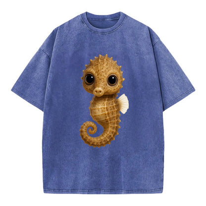 Baby Seahorse - curled tail, snout, large eyes, front-facing, delicate and cute - Vintage T-shirt - Blue