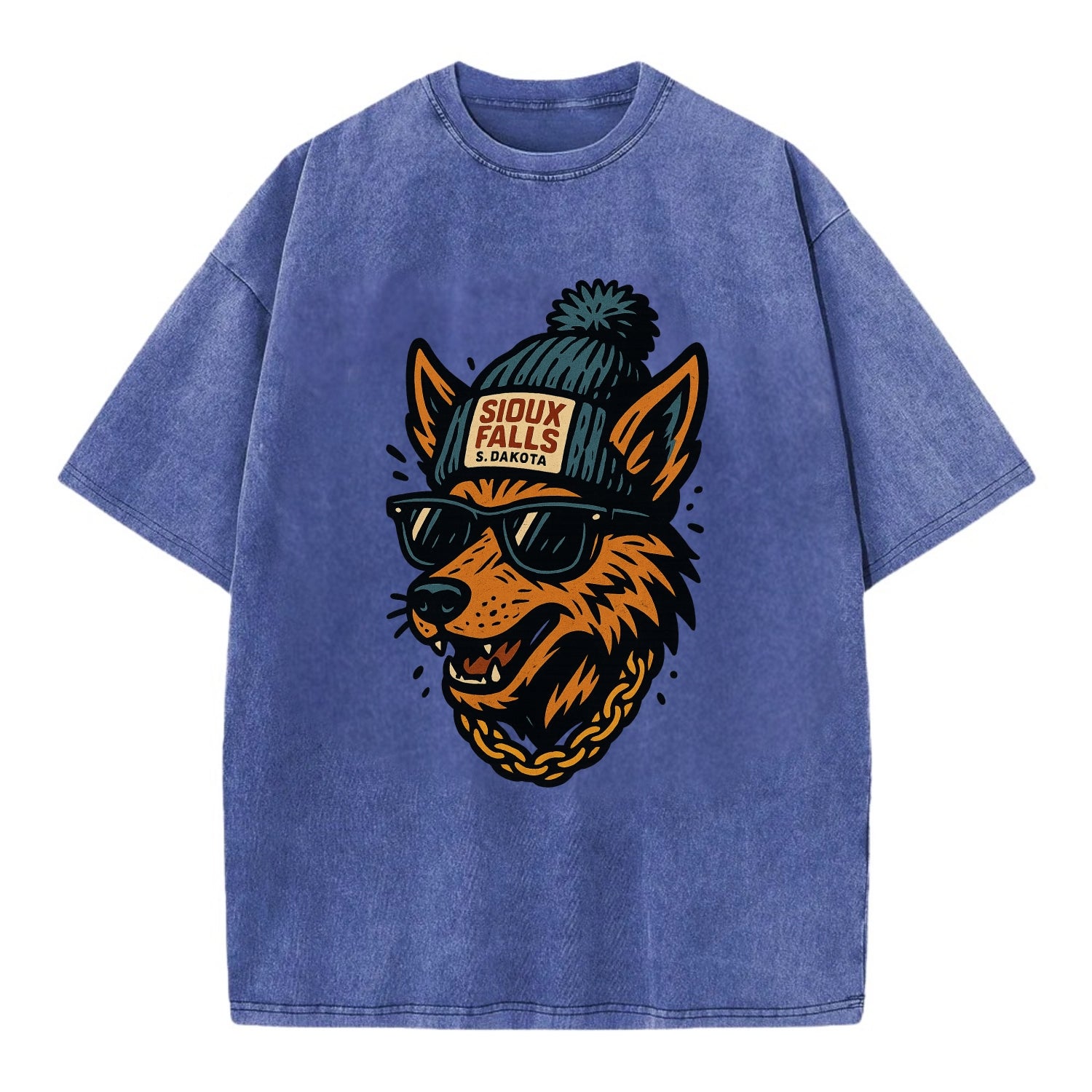 South Dakota Coyote wearing Sioux Falls beanie with pom pom and wayfarer - Vintage T-shirt - Blue