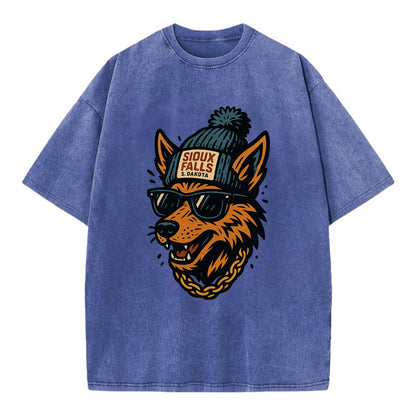 South Dakota Coyote wearing Sioux Falls beanie with pom pom and wayfarer - Vintage T-shirt - Blue