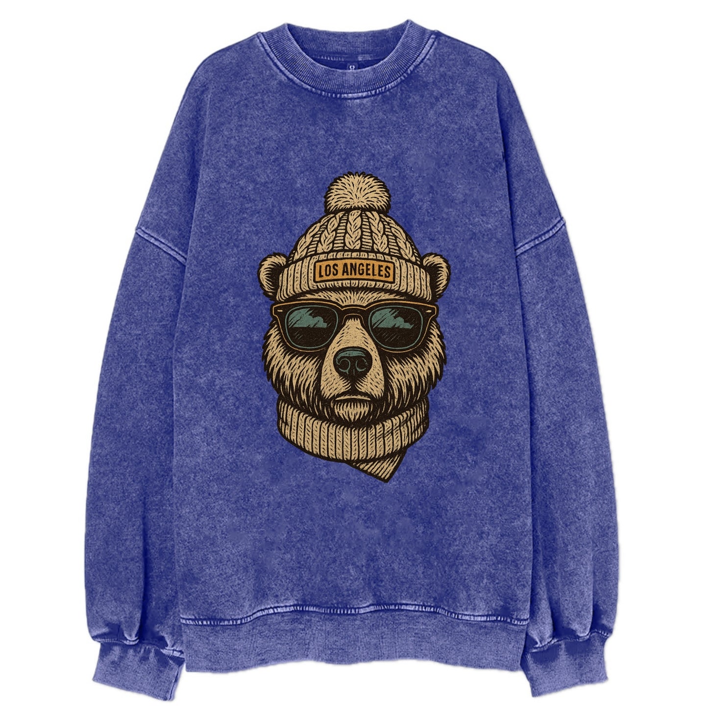 California Grizzly Bear wearing Los Angeles beanie with pom pom and wayfarer - Vintage Sweatshirt - Blue