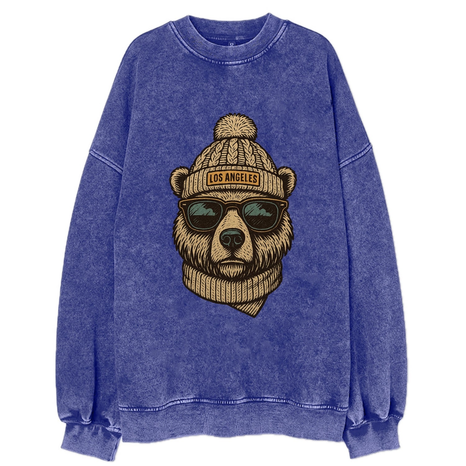 California Grizzly Bear wearing Los Angeles beanie with pom pom and wayfarer - Vintage Sweatshirt - Blue
