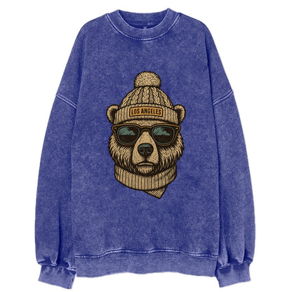 California Grizzly Bear wearing Los Angeles beanie with pom pom and wayfarer - Vintage Sweatshirt - Blue