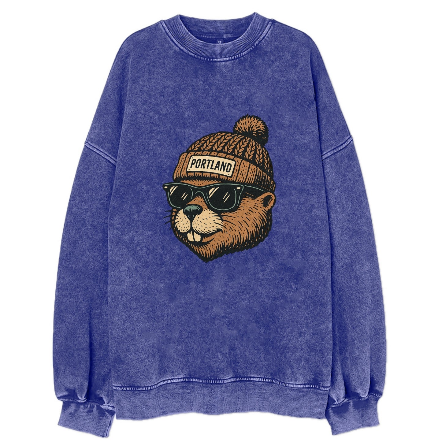 Portland Beaver wearing Portland beanie with pom pom and wayfarer sunglasses - Vintage Sweatshirt - Blue