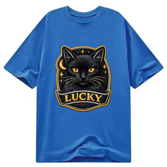 BLACK CAT LUCKY - sleek black cat with gold eyes in black , mysterious feline - Classic T-shirt - Blue