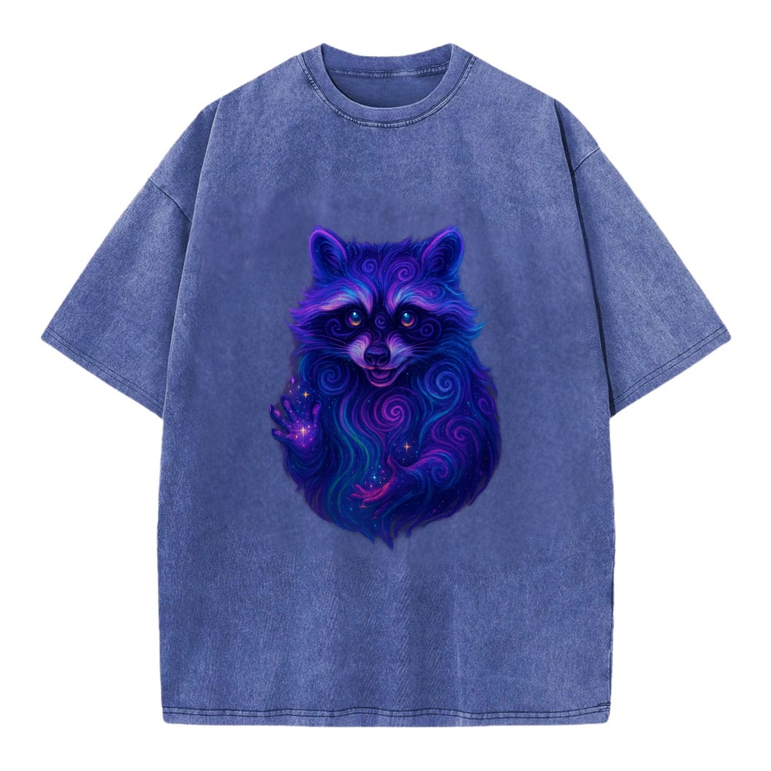 Playful raccoon with mask swirling in hypnotic patterns, neon purple and green - Vintage T-shirt - Blue